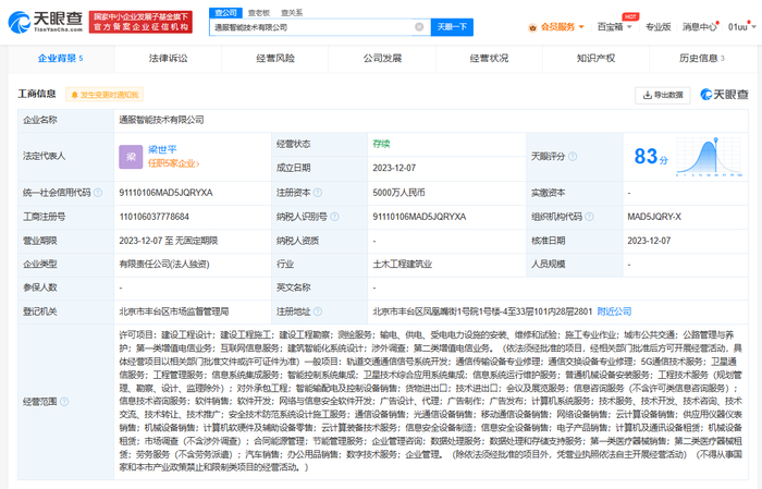 中国通信服务成立智能技术公司 注册资本5000万